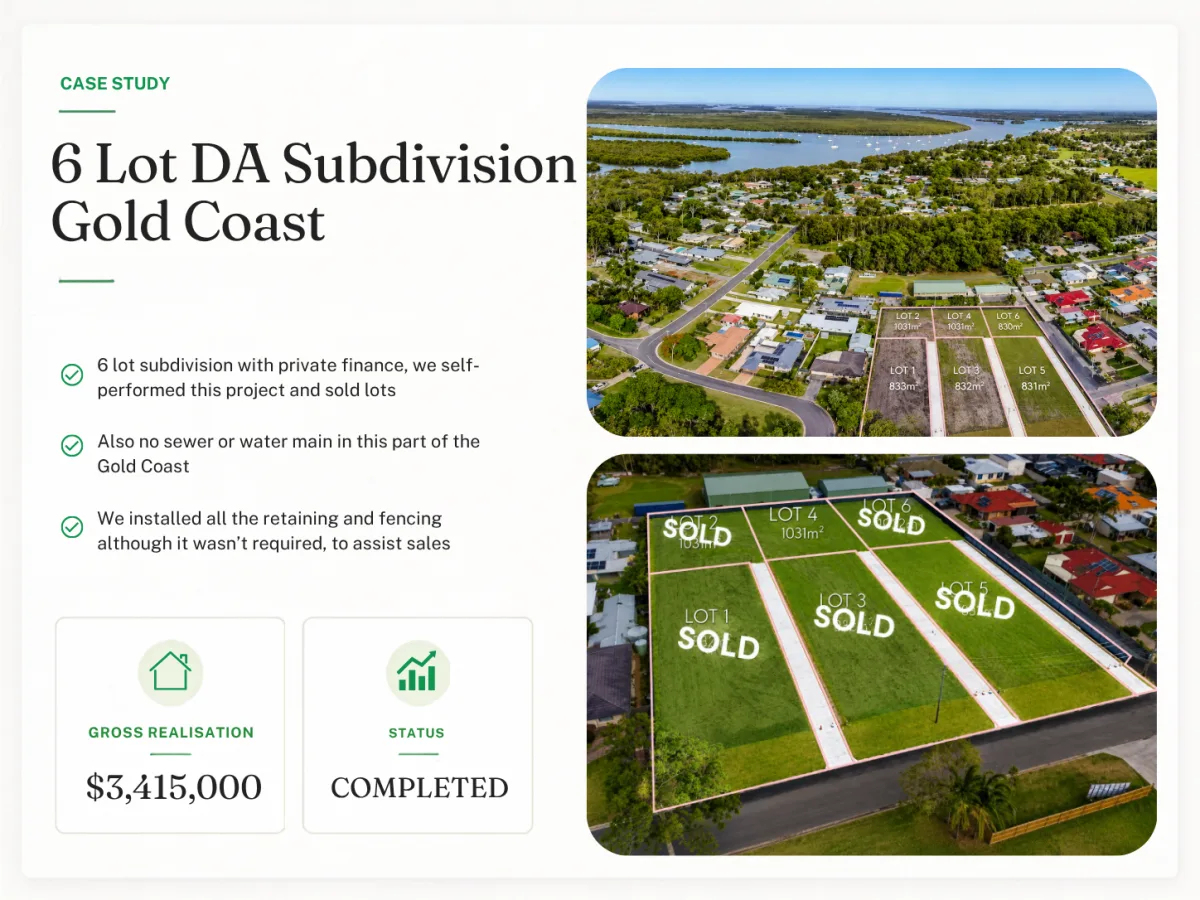 6 Lot DA Subdivision Gold Coast - project summary with costs, duration and net profit