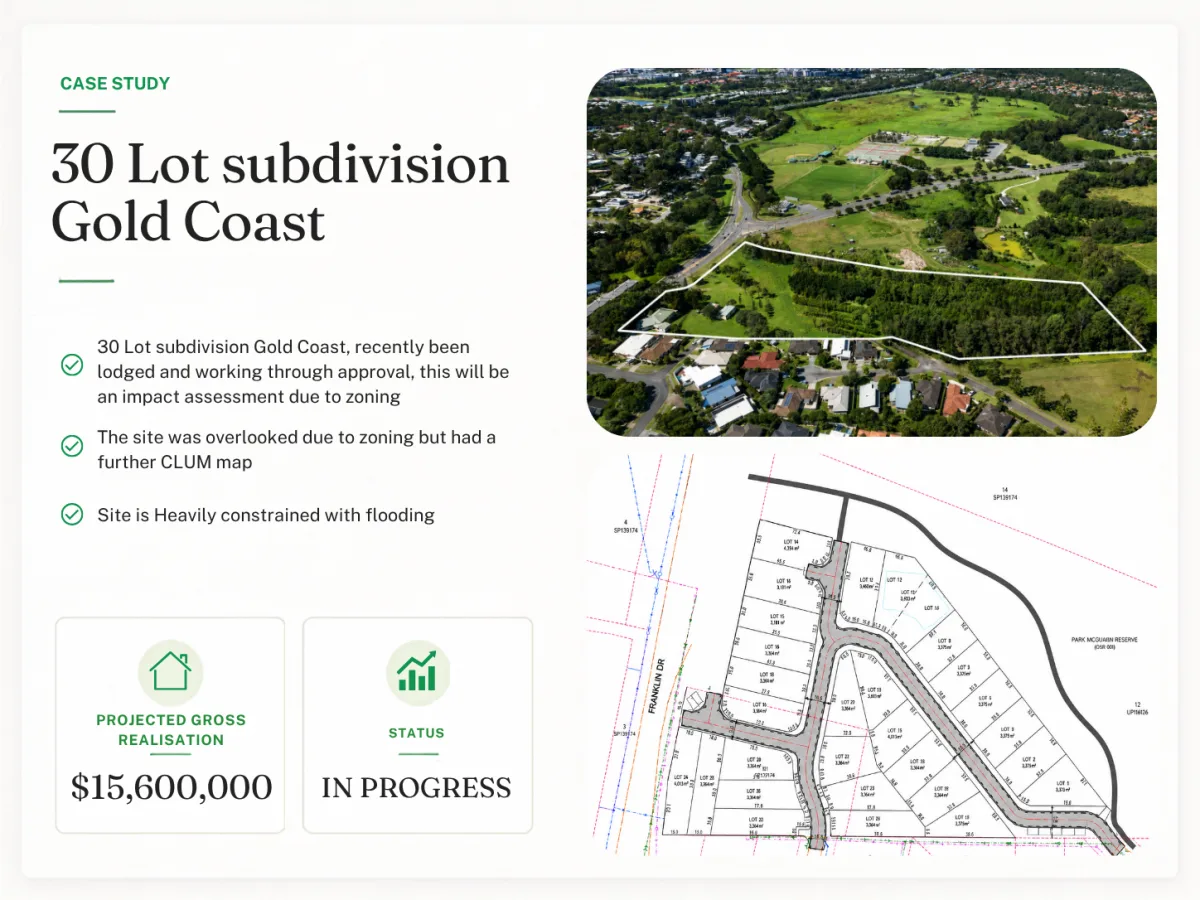 30 Lot subdivision Gold Coast - project summary with costs, duration and net profit