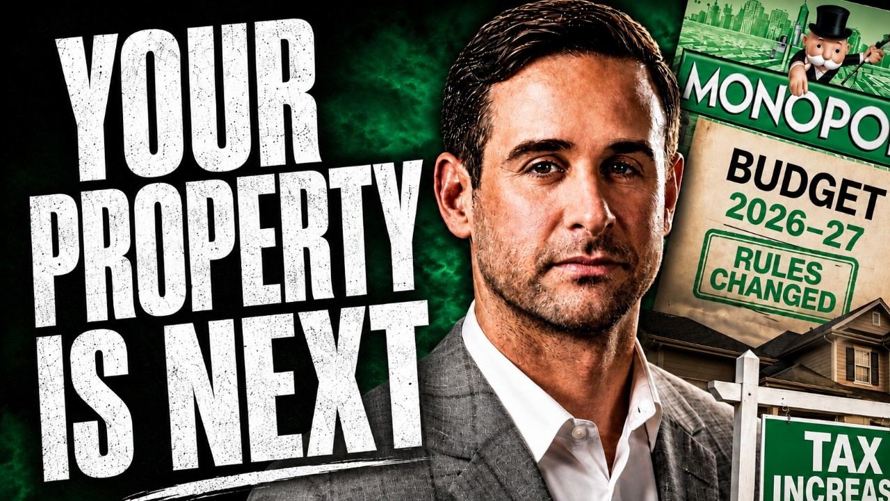 BUDGET 2026: The Biggest Property Rule Changes - And How To Fight Back - a man in a grey suit beside a Monopoly board marked Budget 2026-27 Rules Changed and a Tax Increase sign, under the overlay text Your Property Is Next.